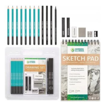 Sada na kreslenie s grafickými, uhlíkovými, skicovacími ceruzkami a skicár