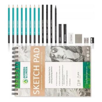 Sada na kreslenie s grafickými, uhlíkovými, skicovacími ceruzkami a skicár