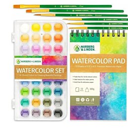 Sada vodných farieb - 36 prémiových farieb - 12-stránkový blok - 6 štetcov, 43 ks