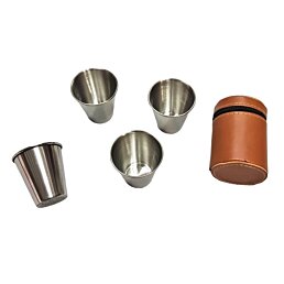 Cestovné nerezové štamperlíky v hnedom koženkovom puzdre 4ks