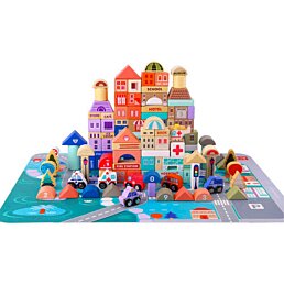 Retro drevená sada pre deti - mesto, kocky a podložka, City Builder, 115 ks