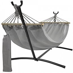 Dvojmiestna záhradná hojdacia sieť hamak so stĺpikmi a stabilným kovovým stojanom