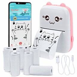 Mini tlačiareň pre deti, termotlač na papier s Api Android, Apple, ružová