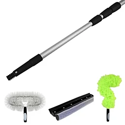 4 m teleskopická tyč s nádstavcami – stierka na okná, kefa, prachovka