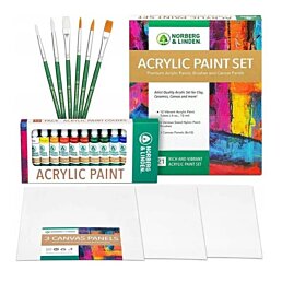 Sada akrylových farieb - 12 akrylových farieb, 6 štetcov na akrylové maľovanie, 3 plátna