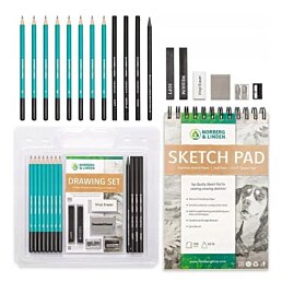 Sada na kreslenie s grafickými, uhlíkovými, skicovacími ceruzkami a skicár