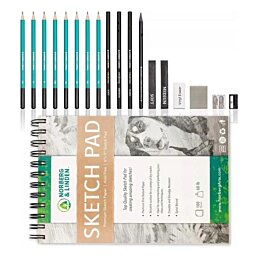 Sada na kreslenie s grafickými, uhlíkovými, skicovacími ceruzkami a skicár - Náhľad