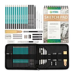 Sada na kreslenie s grafickými, uhlíkovými, skicovacími ceruzkami a skicár
