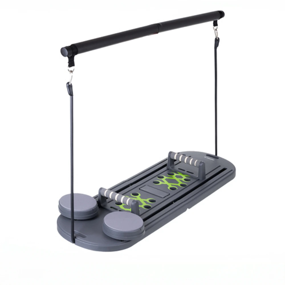 Detail multifunkčnej pilates dosky s úchopmi a odporovým lanom