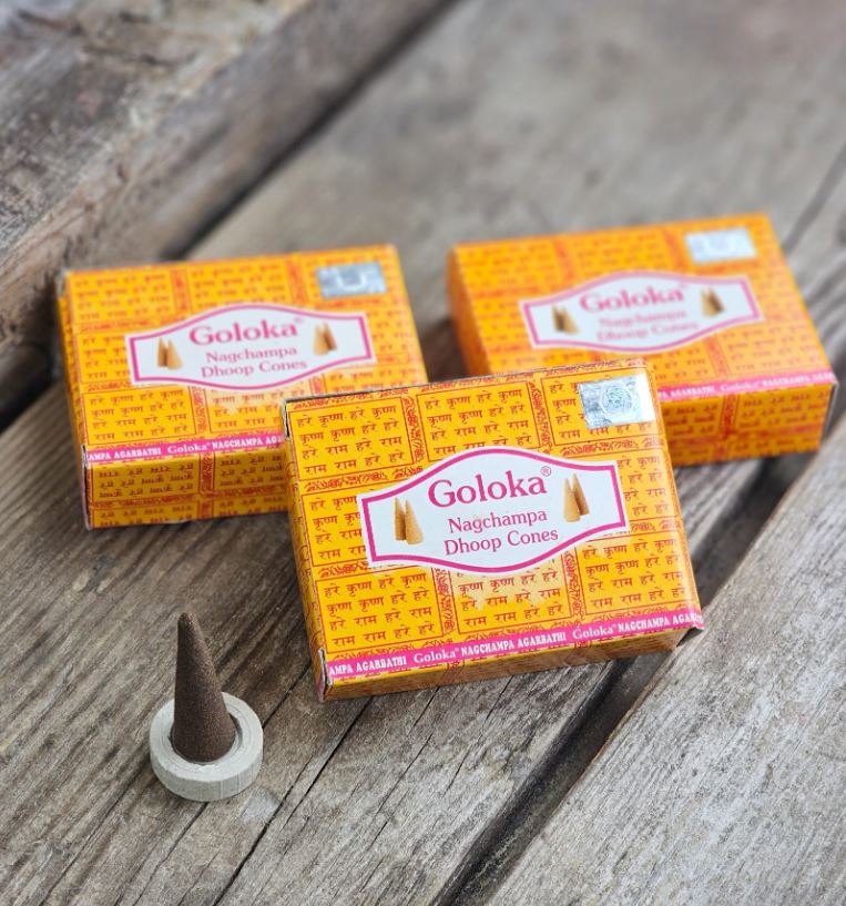 Vonné kužele Goloka Nag Champa – detail balenia a stojana