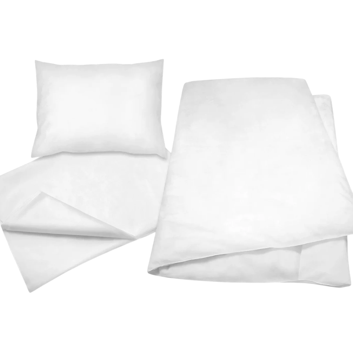 Jednorazové posteľné obliečky – biely set s vankúšom a paplónom
