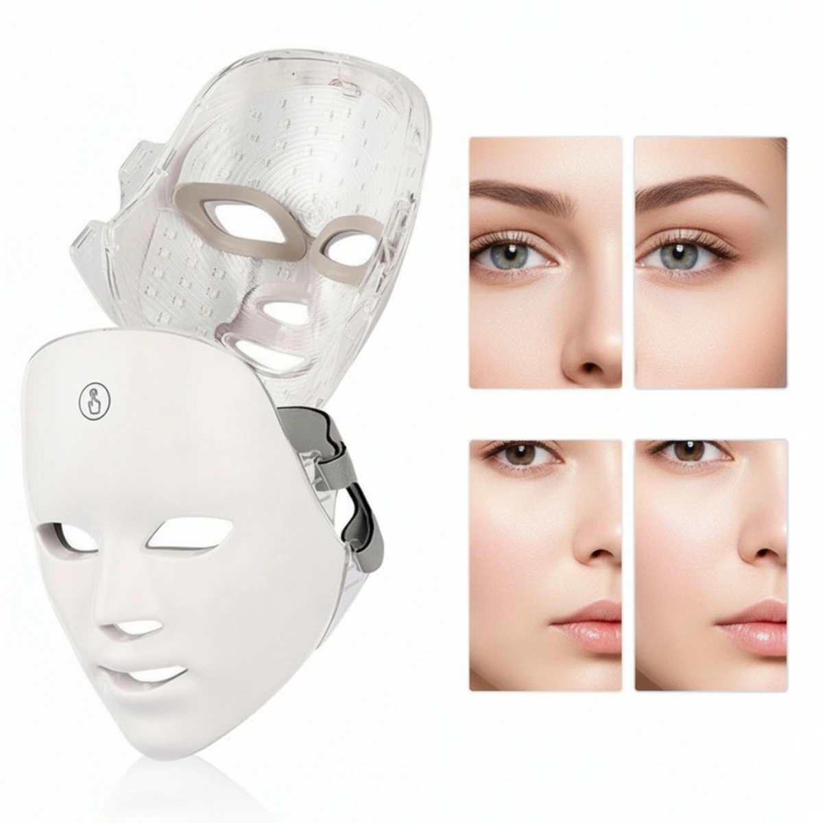 Nabíjateľná LED maska na tvár počas fotónovej terapie – detail prednej časti