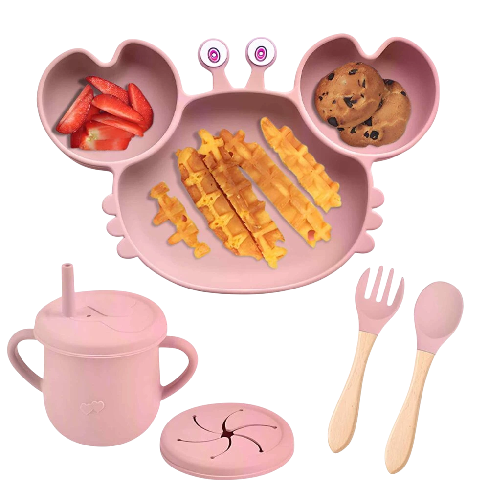 Silikónová jedálenská súprava pre deti – ružová verzia s tanierikom v tvare kraba