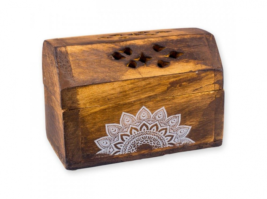 Drevený stojan na vonné kužele v tvare truhlice s otvoreným vekom