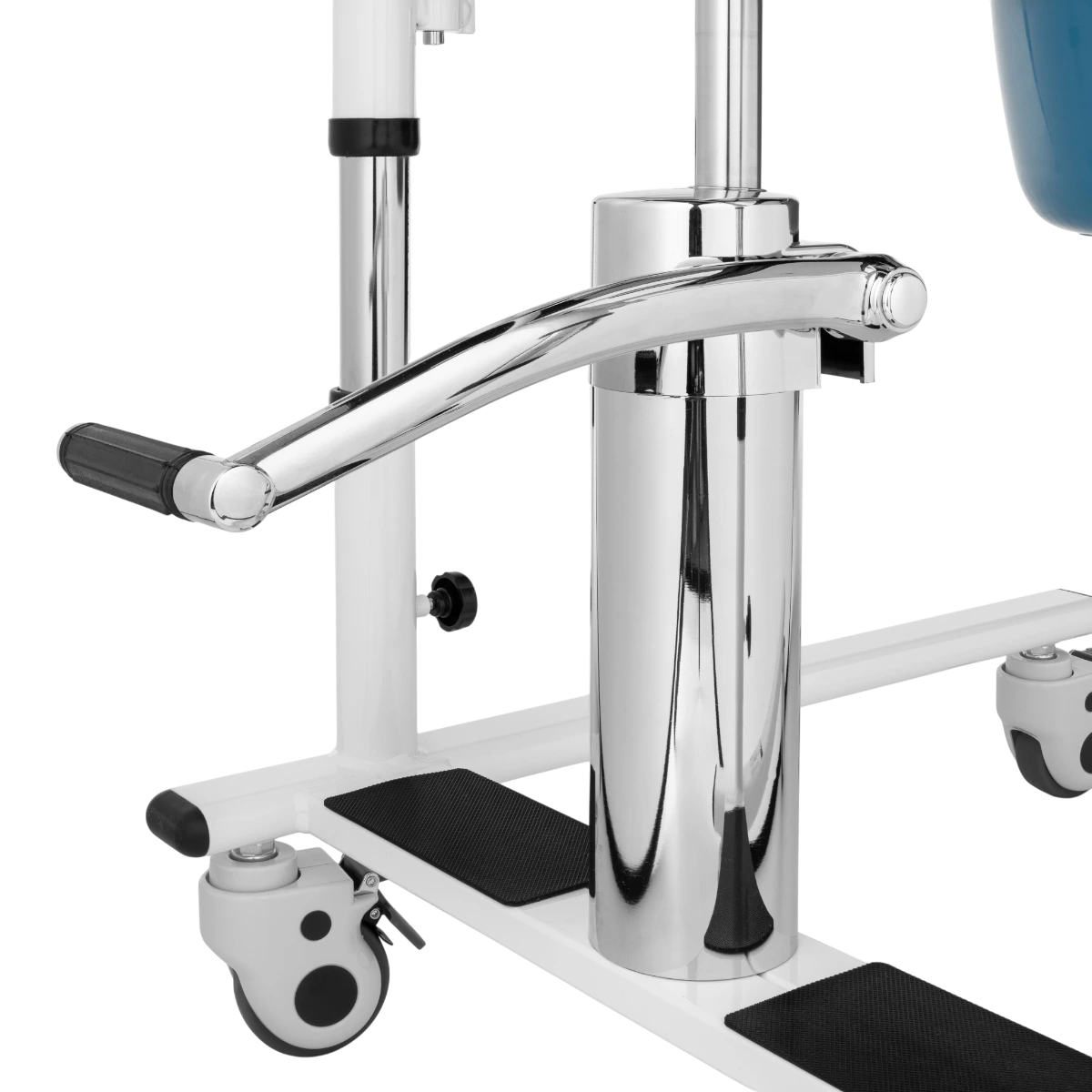 Hydraulická stolička na presun – detail koliesok s brzdami