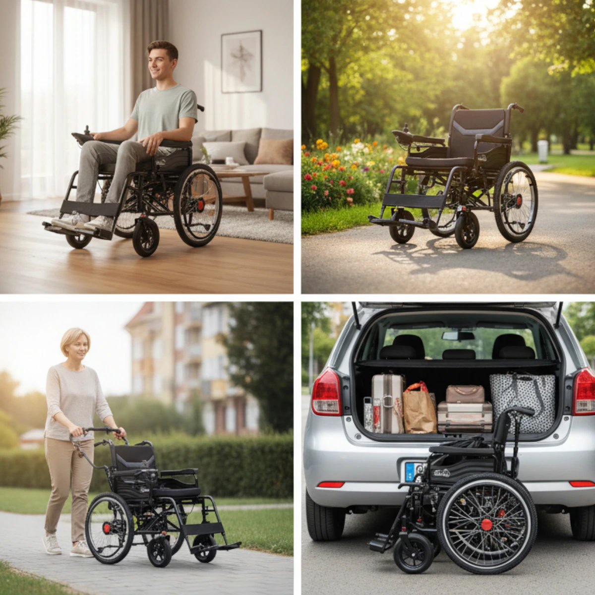 Skladací elektrický invalidný vozík – hliníkový rám a joystickové ovládanie