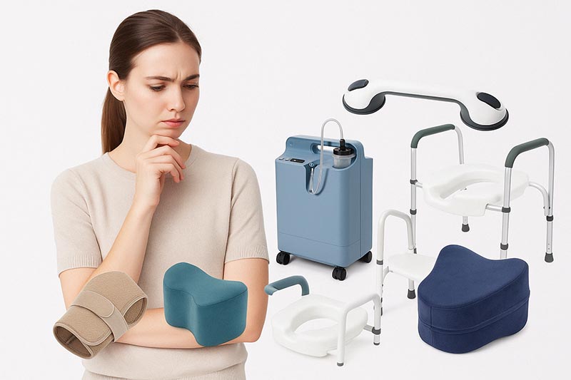 Fotografia premýšľajúcej ženy a zdravotníckych pomôcok.