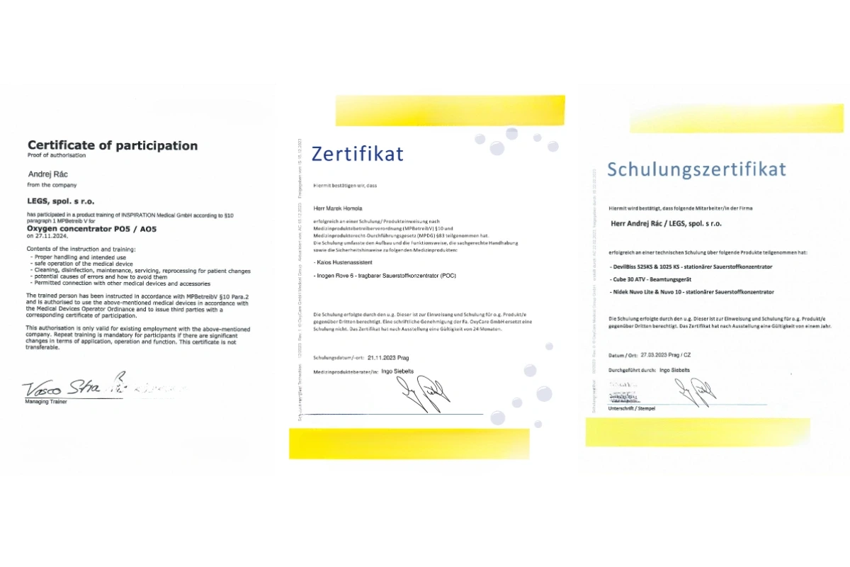 Kyslíková terapia - certifikáty pre odborný predaj a servis kyslíkových koncentrátorov a príslušenstva.  