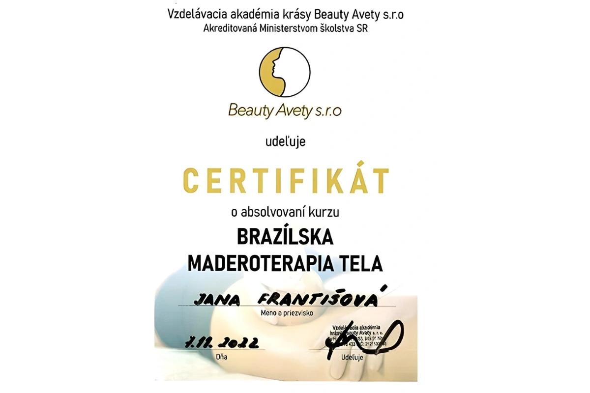 Certifikát o absolvovaní kurzu Brazílska maderoterapia tela – odborné školenie masážnej techniky s drevenými pomôckami.