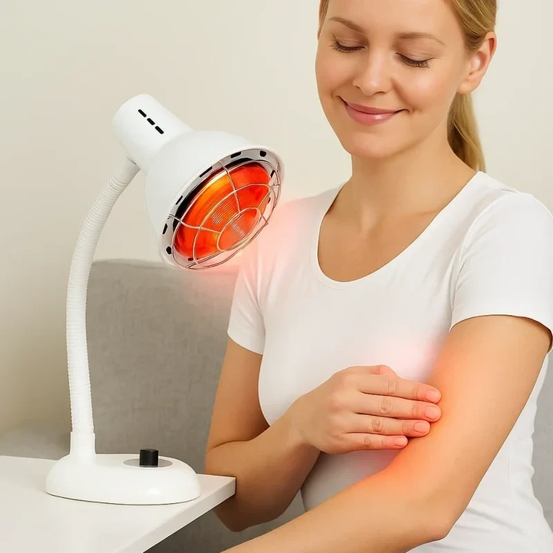 Žena používa stolovú infračervenú lampu na tepelnú terapiu ramena.