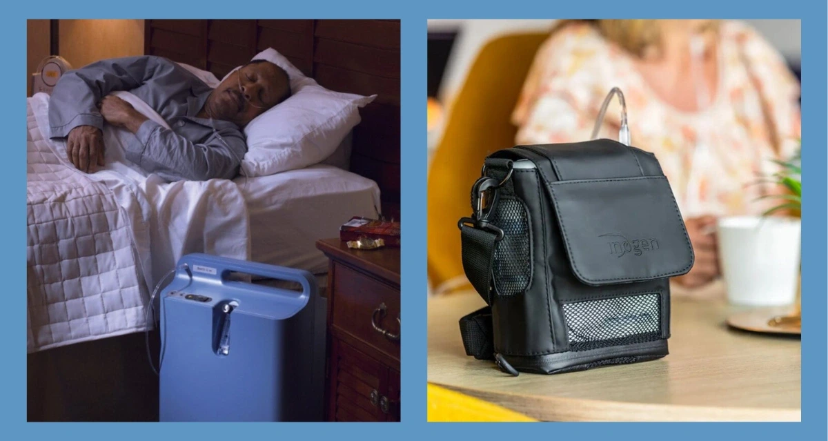 Koláž dvoch obrázkov. Naľavo je spiaci muž so stacionárnym kyslíkovým koncentrátorom. Napravo je prenosný kyslíkový koncentrátor v čiernom puzdre s popruhom.