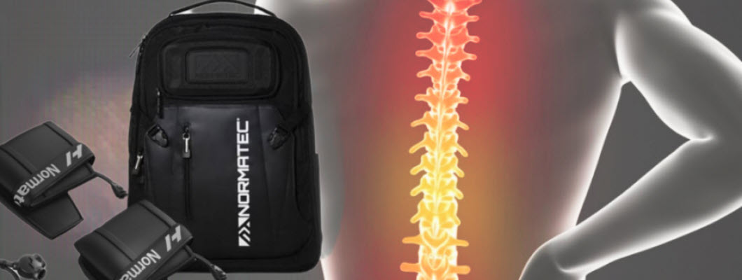 Ilustrácia chrbtice s elektroterapeutickými prístrojmi na zmiernenie bolesti.