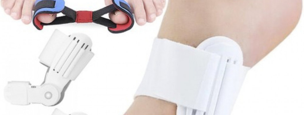 Pomôcky na liečbu vybočeného palca: ortéza, korektor a sťahovací pás na prsty.